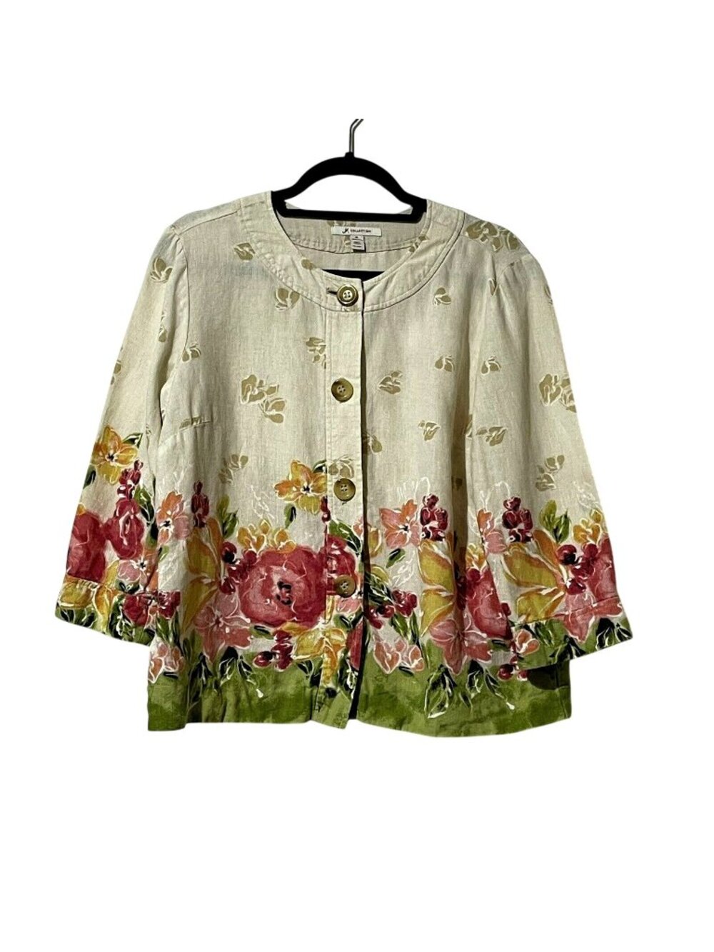 JM Collection Floral Linen Cardigan Blouse Sz 10 Round Neck